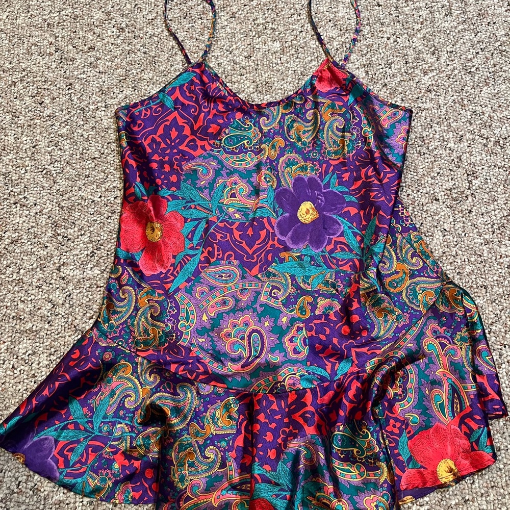 Vintage 80s/90s Colorful Silky Floral Spaghetti Strap BabyDoll Blouse - Picture 2 of 6